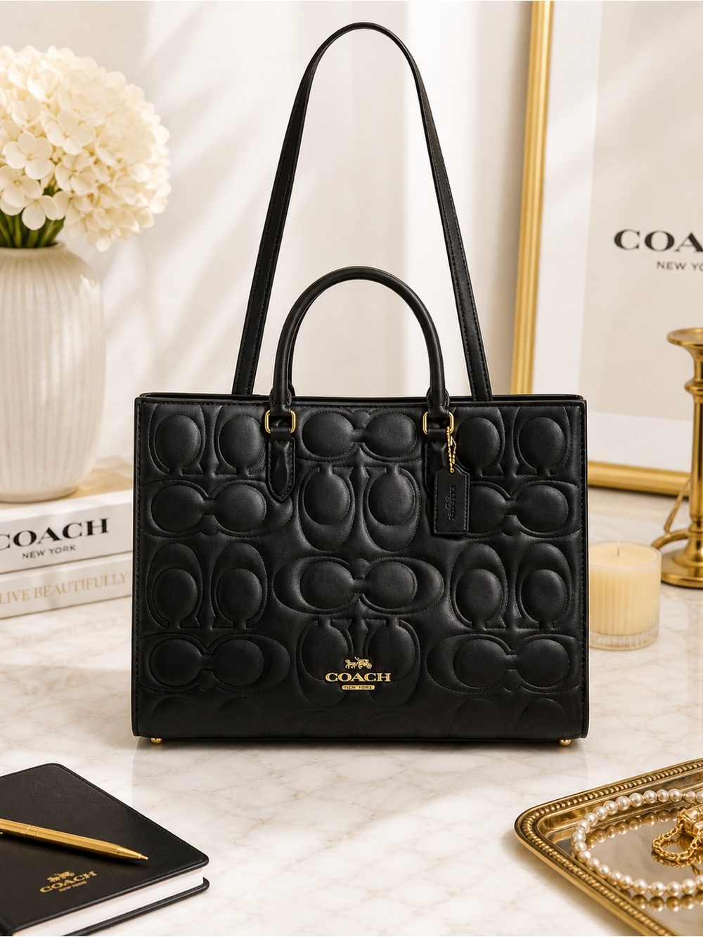 NEW Coach Maggie Tote Black Signature Embossed Leather CY672 NWT